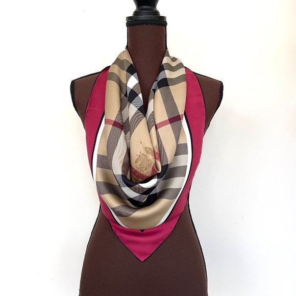NWT Burberry Scarf Classic Beige Check Pattern Red Border Silk Scarf Wrap - Picture 9 of 13
